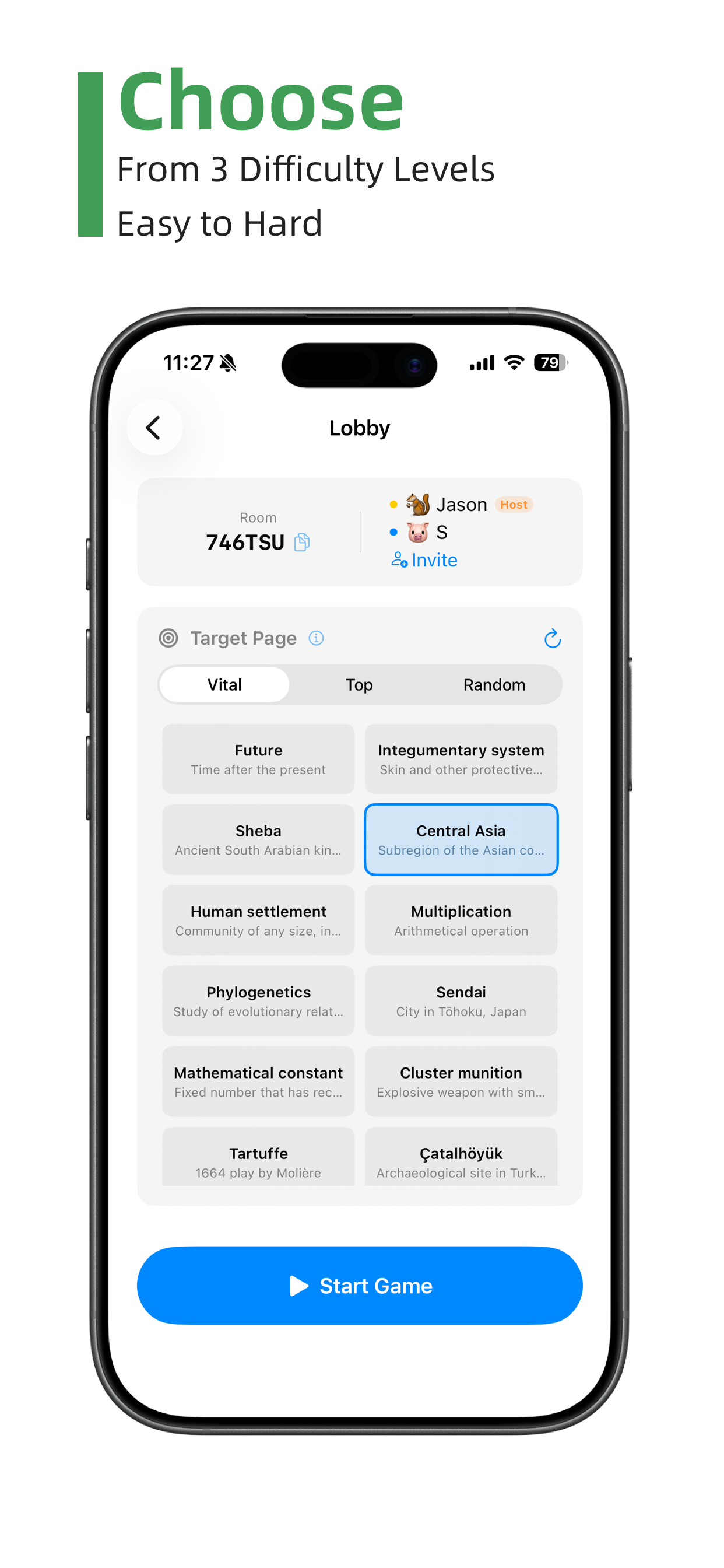 WikiMatch difficulty selection screen